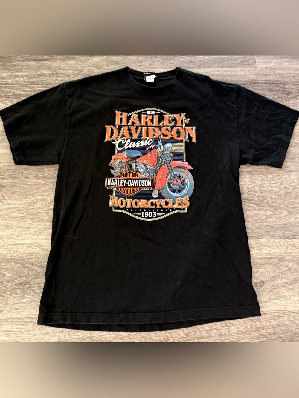 Harley-Davidson Black Tee with Orange Motorcycle Graphic 2 sided